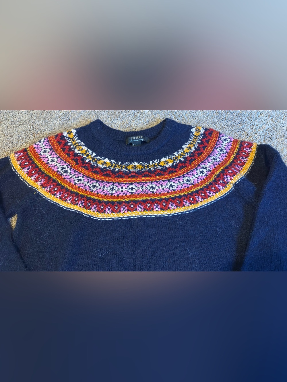 Forever 21 Navy Crewneck Sweater with Multicolor Fair Isle Yoke Women’s Small - Picture 3 of 6